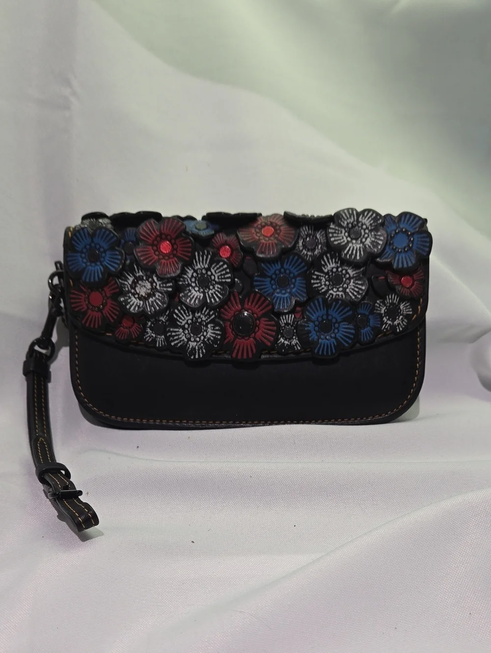 Floral Appliqué Black Leather Wristlet - Blue, Red & White Accents